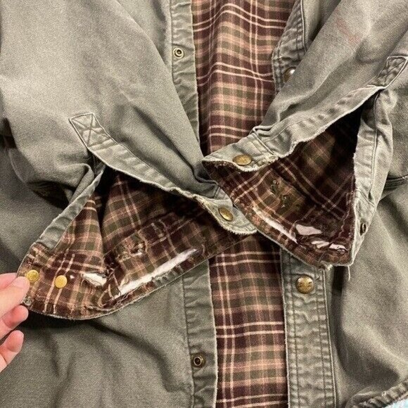 Vintage Carhartt Green Flannel Lined Snap Button Up Canvas Shirt Size XL Grunge - Picture 11 of 12